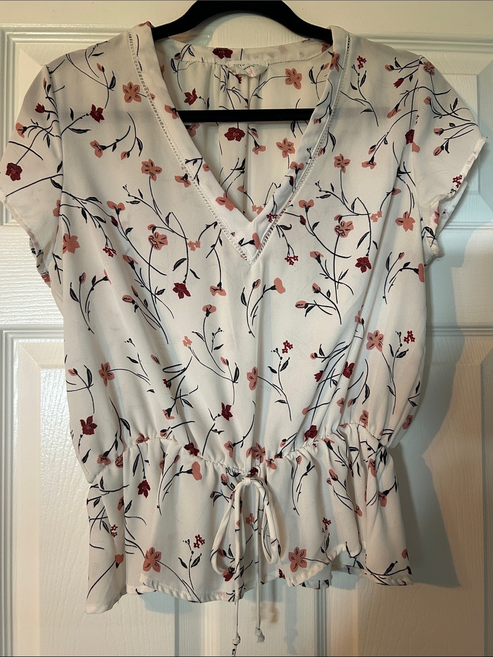 Sienna Sky White Floral V-Neck Peplum Top with Rose & Blush Flowers